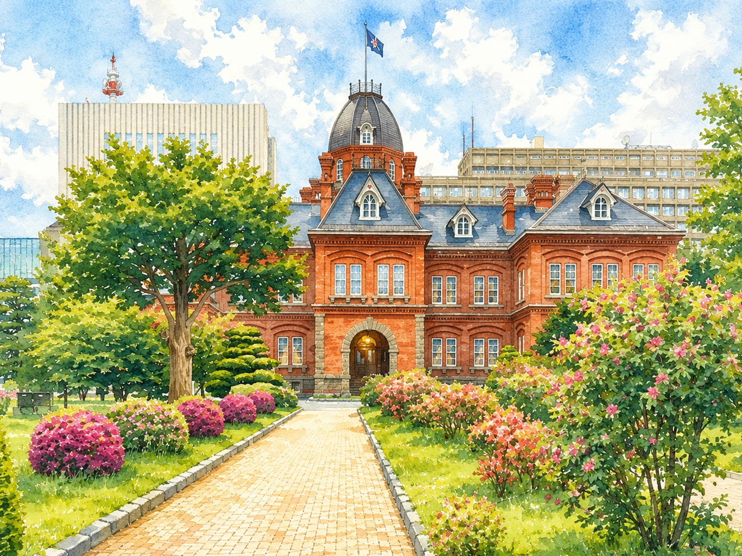 赤れんが庁舎の水彩イラスト。前庭の花々と重厚な赤れんがの建物