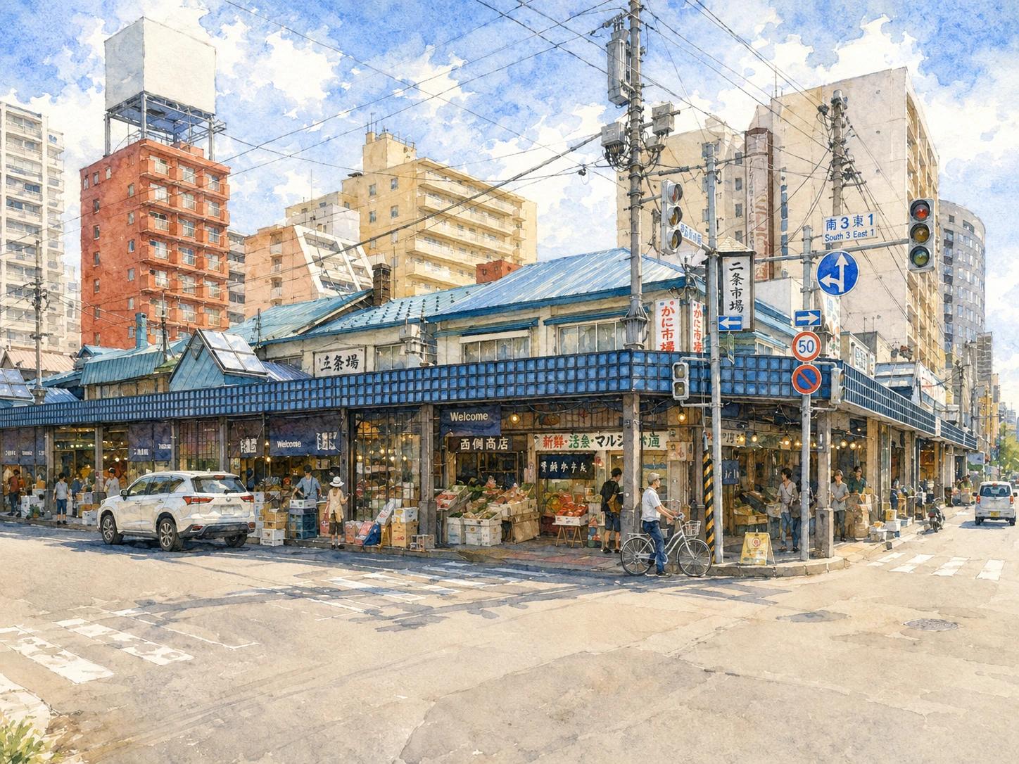 二条市場の水彩イラスト。青い屋根の市場が並ぶ交差点と買い物客のにぎわい