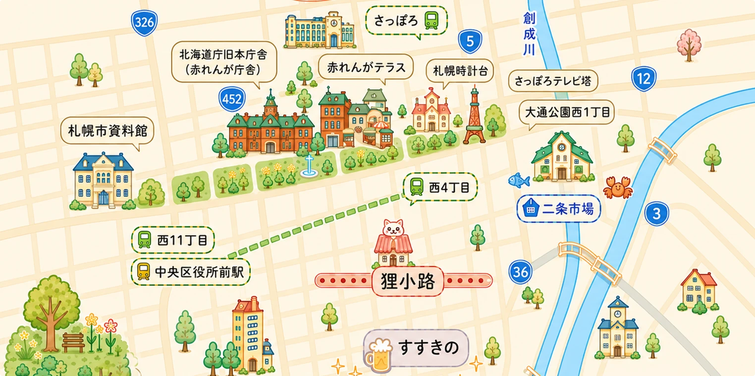 大通・札幌中心部 スポット位置関係マップ