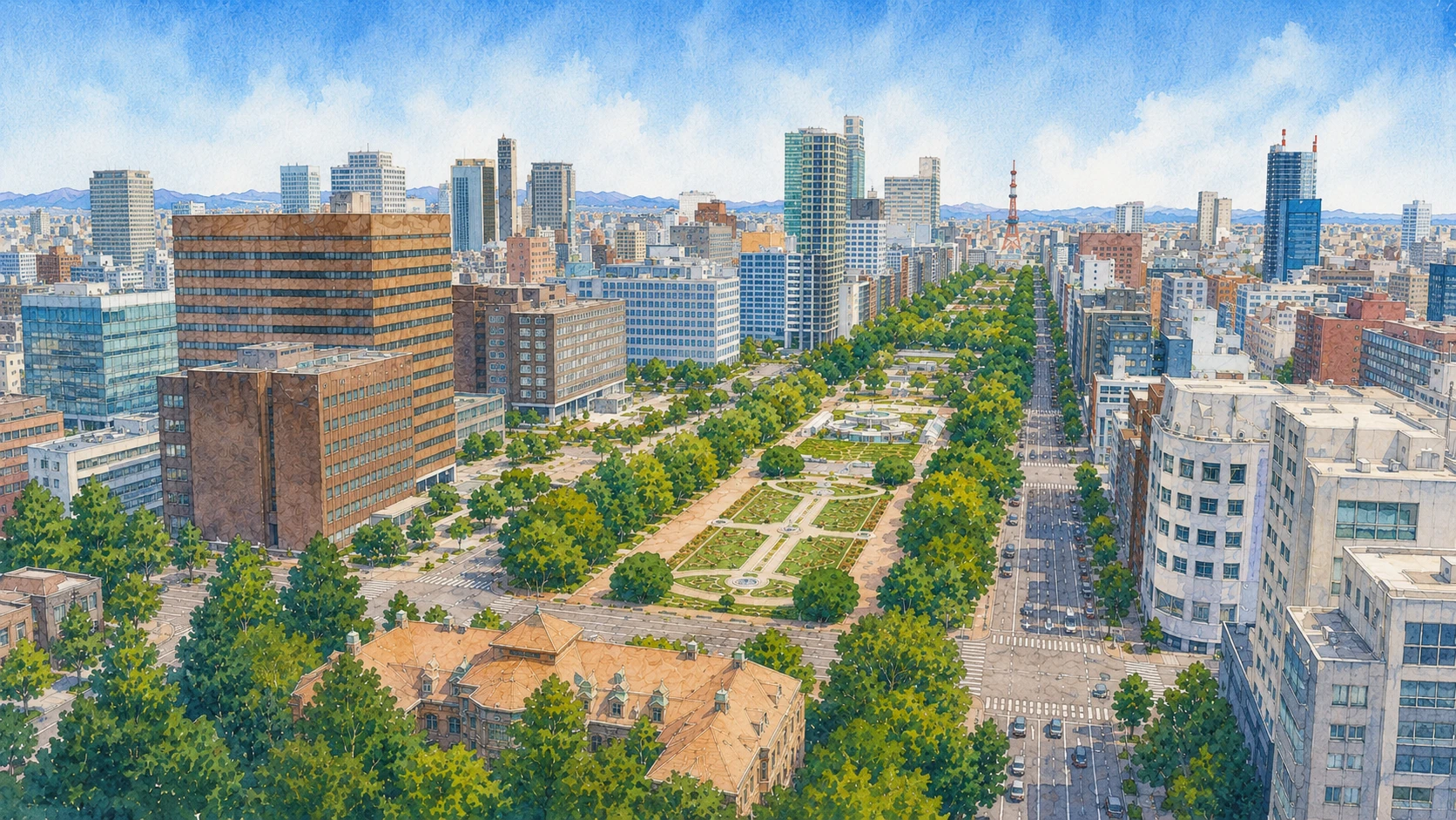 大通公園上空からのイメージ風景イラスト