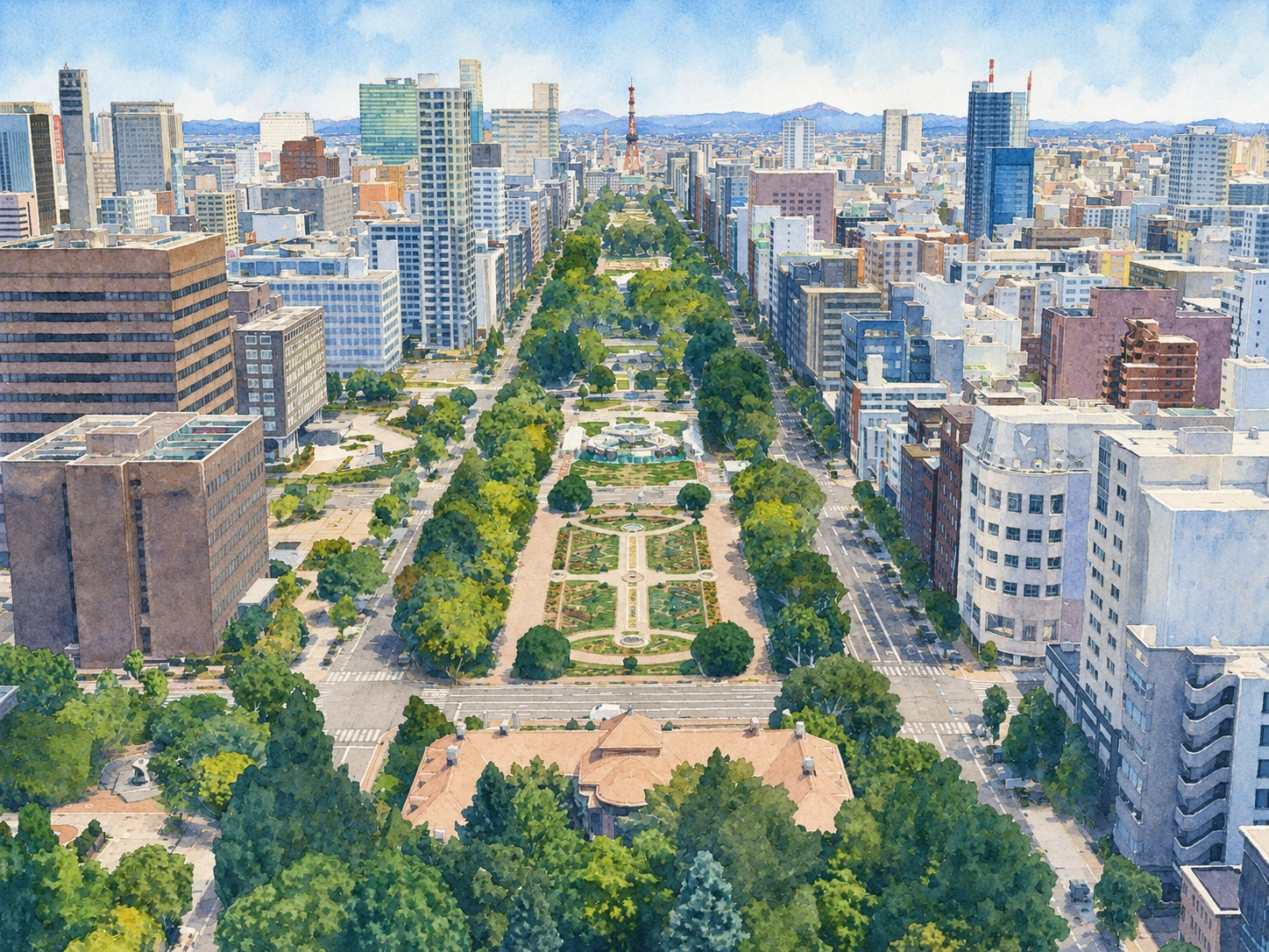 大通公園の水彩イラスト。テレビ塔からの俯瞰で緑の公園が広がる