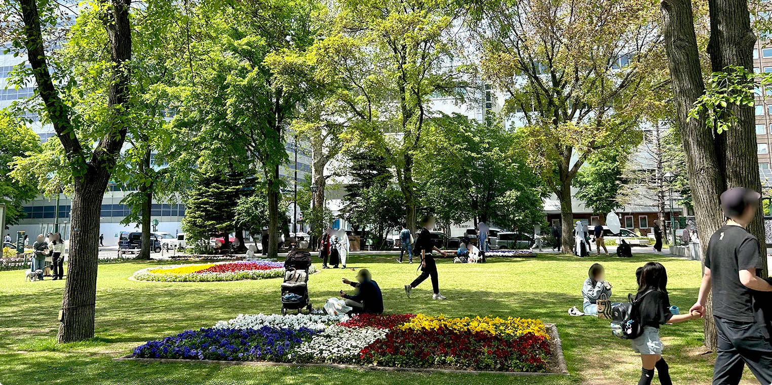 大通公園の芝生でピクニックする人々。木陰でくつろぐ家族連れ
